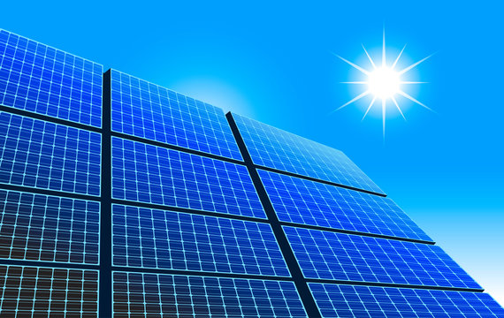 Solar Power Panel, Sun and Blue Sky