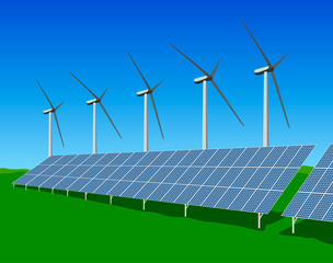 Renewable Energy Wind and Solar Power on Blue Sky