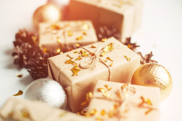 Bright Christmas decorations, gifts, confetti and Christmas balls. pre-holiday mood