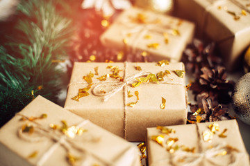 Bright Christmas decorations, gifts and souvenirs, festive mood