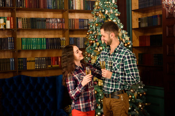 Merry Christmas and Happy New Year! Attractive young couple is celebrating holiday at home together, drinking champagne and smiling.