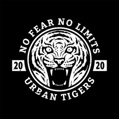 No fears, no limits. Tiger t-shirt design on a dark background. Vector illustration.