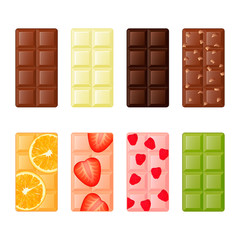 Collection of delicious chocolate,  fruits chocolate on white background. Cartoon style. Vector illustration. Isolated on white. Object for packaging, advertisements, menu. Sweet food. Dessert meal.