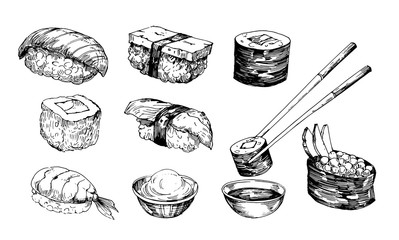 Sushi sketch. Hand drawn illustration converted to vector. Isolated on white background - obrazy, fototapety, plakaty