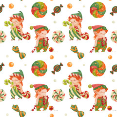 Christmas Elves seamless watercolor pattern with elves and candy canes on a white