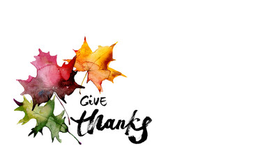 Happy thanksgiving text with watercolor autumn leaves and branches isolated on white background. Autumn illustration for greeting cards, invitations, blogs, posters and decorations.