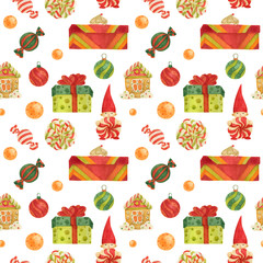 Christmas Elves Factory pattern with gingerbread and lollipops and gifts