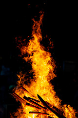 Bonfire that burns on a dark background, wood burning flame.