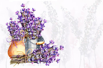 A bouquet of lavender flowers, twigs tied with twine, a bundle in an aluminum bucket and clay ceramic pot. Hand drawn watercolor illustration for design of wedding concept, birthday, Valentine's day.