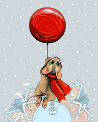 New Year card with a cute mouse flying on a red ball. Artistic winter snow card with a mouse flying on a red ball over houses in pastel colors.