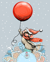 New Year card with a cute mouse flying on a red ball. Artistic winter snow card with a mouse flying on a red ball over houses in pastel colors.