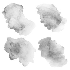 Set of grayscale watercolor stains on wet paper. Watercolor gradient blur