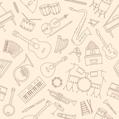 Music instruments background - Vector seamless pattern of string, guitar, piano, keyboard, wind, percussion, drum, for graphic design