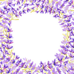Round frame of lilac lavender flowers on a white background, with place for text. Hand drawn watercolor illustration for design of banner, template, business card, advertisement.