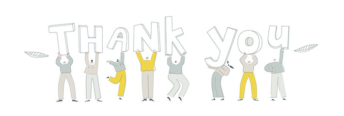 Concept illustration EPS 10 isolated on white. Flat people carry big letters. Happy men and women hold light text. Working little people with phrase thank you. Corporate workers gratitude customer.