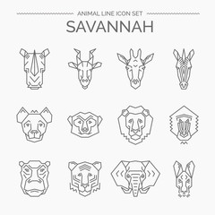 Vector linear set of wild savannah animals.Animals design vector icons.Thin line style.