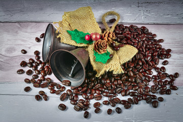 Christmas decorated background roasted coffee beans