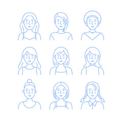 Female faces outline icons. Funny girls characters vector. Set of various avatars for web projects. Editable stroke