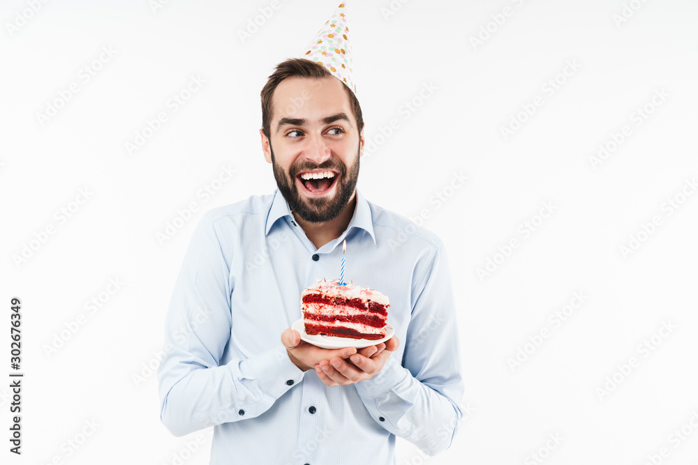 Poster image of masculine party man smiling and holding birthday cake with candle