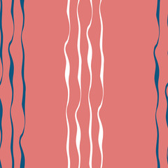 Hand drawn brushstroke style vertical lines in blue and white. Seamless geometric vector pattern on coral pink background. Great for nautical themed products, spa, wellness, stationery, concept