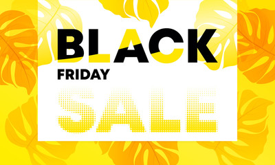 Black friday sale, design composition with tropical yellow leafs