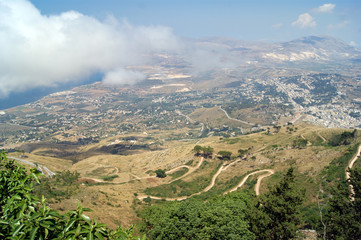 Panoramic view from  the Italian hill top town of Erice on the island of Sicily.  Broad sweeping...