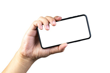  Man hand holding the smartphone full screen with blank screen . isolated on white background.