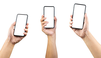  Man hand holding the smartphone full screen with blank screen . isolated on white background.