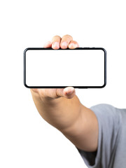  Man hand holding the smartphone full screen with blank screen . isolated on white background.
