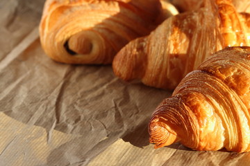 Freshly backed french croissant shiny in the rays of the morning sun  close up with copy space