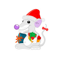 Cartoon character, charming white rat in a New Year's cap and with gifts under both hands.