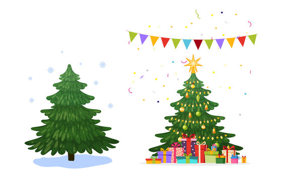 Christmas tree before and after. Christmas tree in the forest with snowflakes and decorated with balls, garlands, with gifts. Clip art set for design. Flat stock vector illustration isolated on white