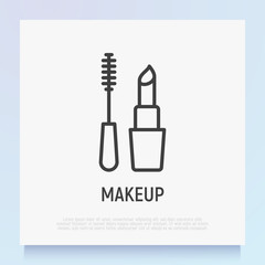 Makeup thin line icon: mascara and lipstick. Logo for makeup artist. Modern vector illustration.