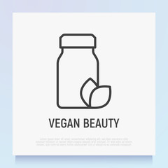 Vegan beauty thin line icon: bottle with leaf. Modern vector illustration for organic shop.