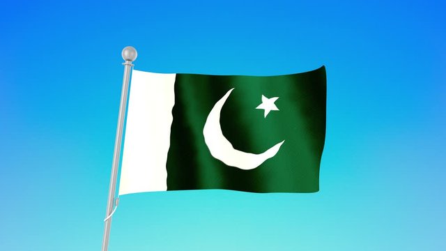 Pakistan, flag of Pakistan - national flag flying in the wind on a flagpole (against a blue clear sky). Animation, 4K footage. Beautiful state flag.