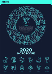 Horoscope concept in circle with thin neon line icons. Zodiac signs: capricorn, aquarius, aries, pisces, virgo, libra, scorpio. Web page template with copy space. Modern vector illustration.