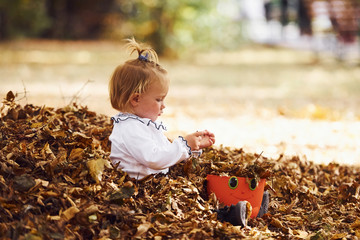 Portrait of cute little girl that sits in autumn park and playing with leaves