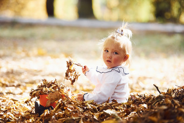 Portrait of cute little girl that sits in autumn park and playing with leaves