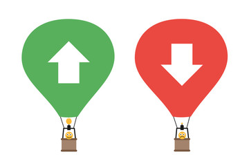 Hot air balloon is ascending and descending in the air during flight. Vector illustration isolated on white.