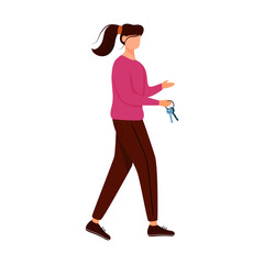 Girl with keys flat vector illustration. Couchsurfing lodging. Renting or letting apartment, house. Budget tourism. Keys of flat isolated cartoon outline character on white background