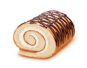 Sponge cake roll isolated on white background, swiss roll with vanilla cream