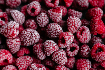 Raspberries, frozen raspberries, berries covered with hoarfrost. Background.Raspberry Background