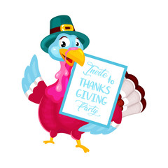 Thanksgiving day flat vector illustration. Turkey with traditional hat. Fall annual holiday celebration. Pilgrims turkey with party invitation isolated cartoon character on white background