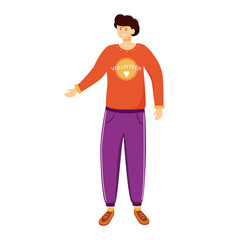 Young smiling volunteer flat vector illustration. Community service worker isolated cartoon character on white background. Humanitarian organization member. Charity participation design element
