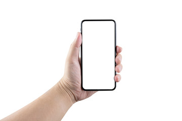  Man hand holding the smartphone full screen with blank screen . isolated on white background.