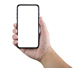 hand holding smart phone isolated on white