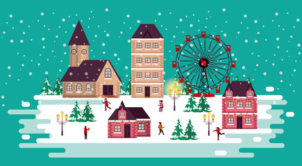 christmas winter scene with panoramic wheel and people