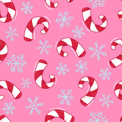 winter holidays seamless pattern with sweet candy cane and blue snowflakes on bright pink background, editable vector illustration for paper, fabric, textile, decoration