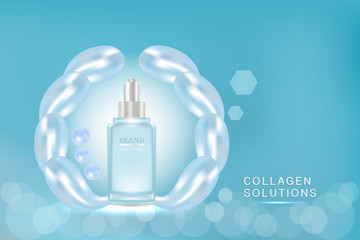 Beauty product ad design, blue cosmetic container with collagen solution advertising background ready to use, luxury skin care banner, illustration vector.