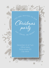 Christmas party invitation template layout with handdrawn season decorations